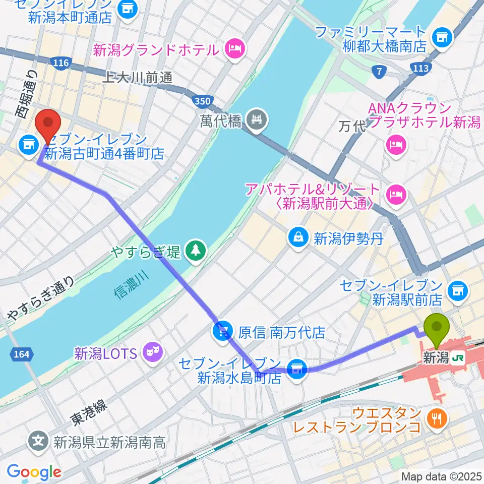 新潟駅から新潟JAZZ FLASHへのルートマップ地図