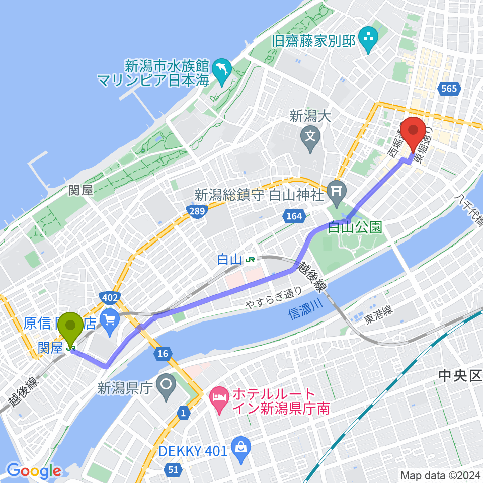 関屋駅から新潟JAZZ FLASHへのルートマップ地図