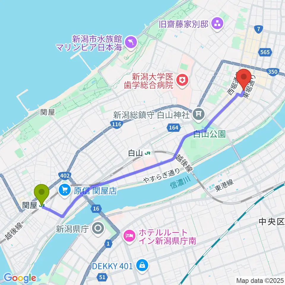 関屋駅から新潟JAZZ FLASHへのルートマップ地図