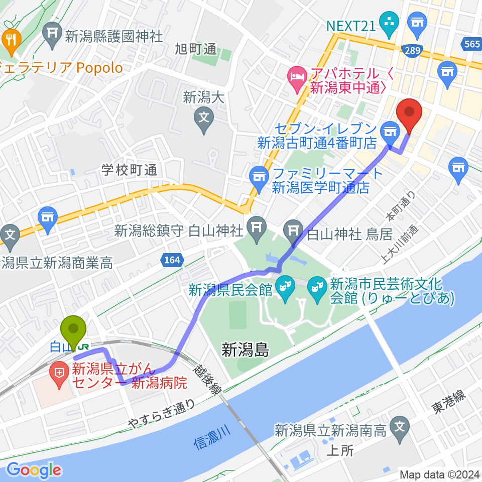 新潟JAZZ FLASHの最寄駅白山駅からの徒歩ルート（約25分）地図