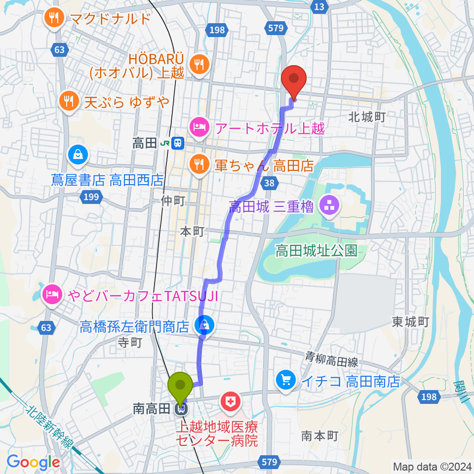 南高田駅から上越EARTHへのルートマップ地図