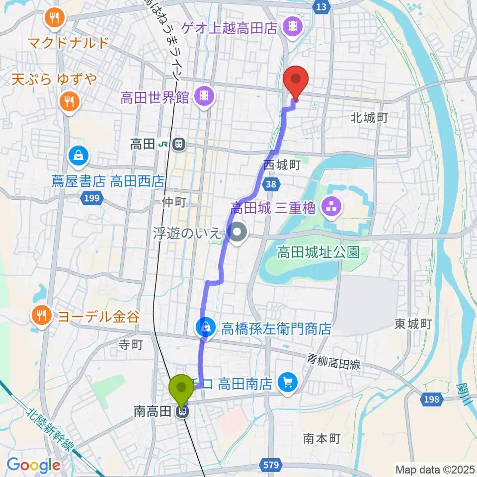 南高田駅から上越EARTHへのルートマップ地図