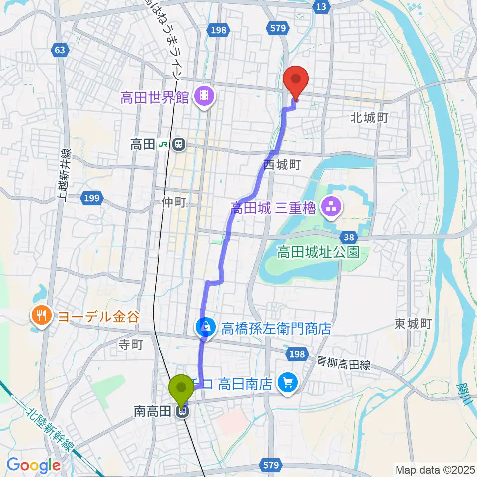 南高田駅から上越EARTHへのルートマップ地図