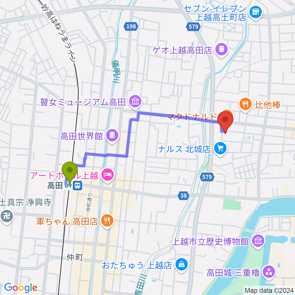 上越EARTHの最寄駅高田駅からの徒歩ルート（約17分）地図