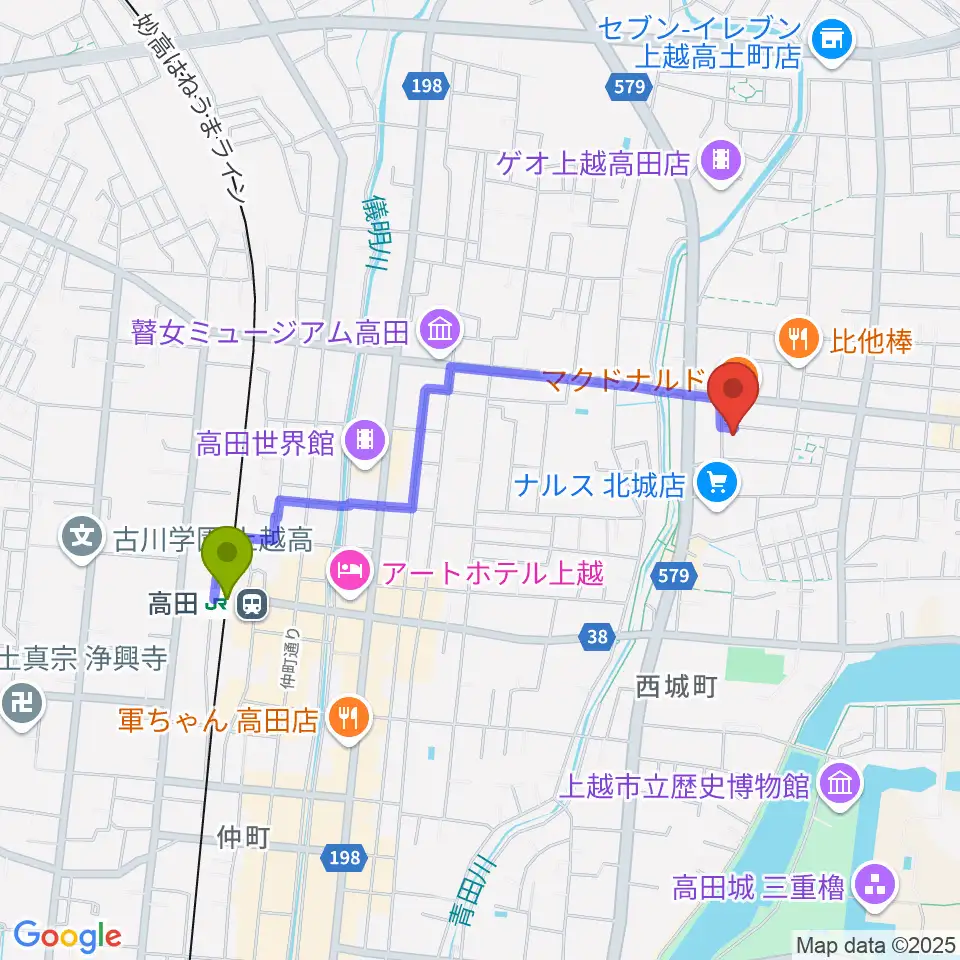 上越EARTHの最寄駅高田駅からの徒歩ルート（約17分）地図