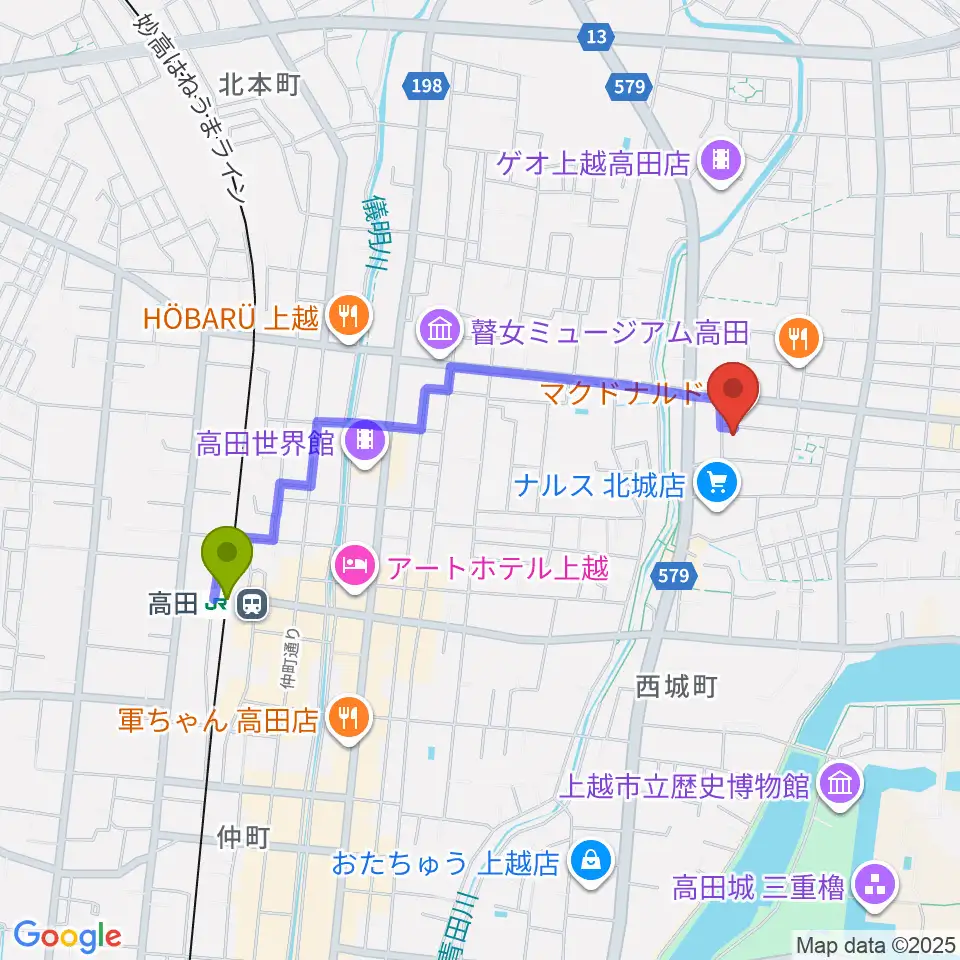 上越EARTHの最寄駅高田駅からの徒歩ルート（約17分）地図
