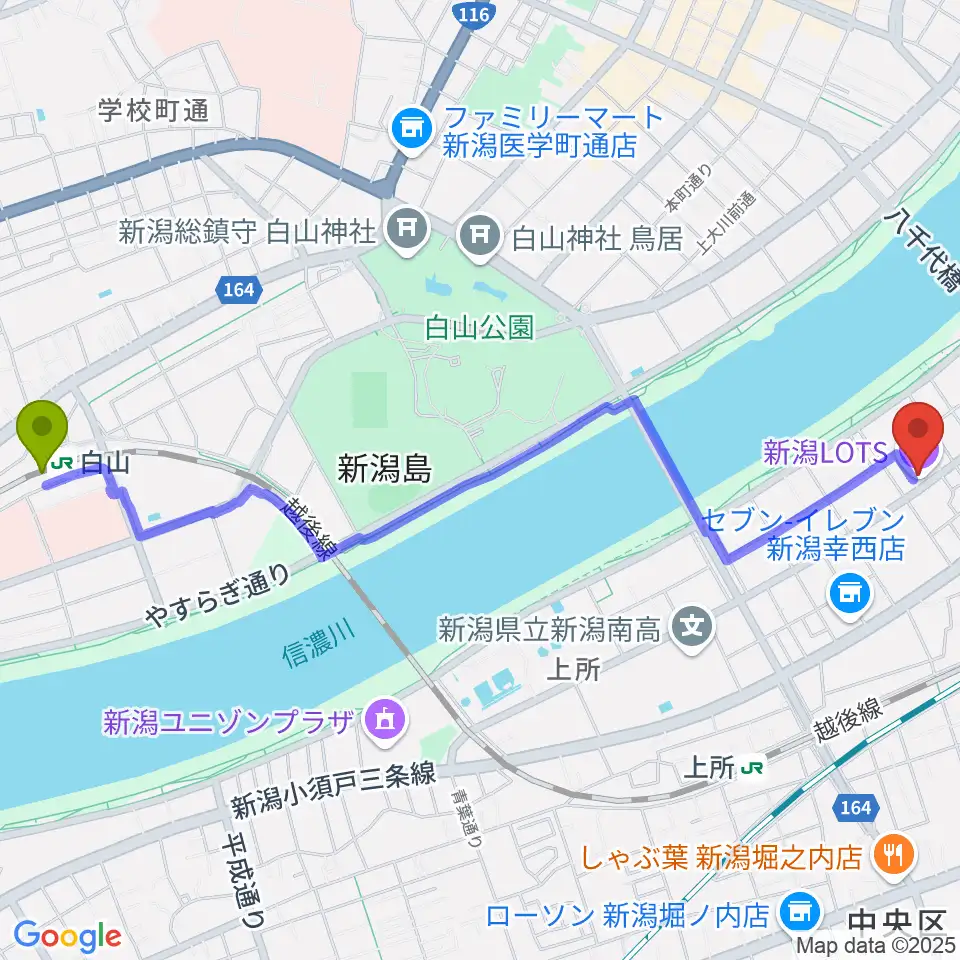 白山駅から新潟LOTSへのルートマップ地図