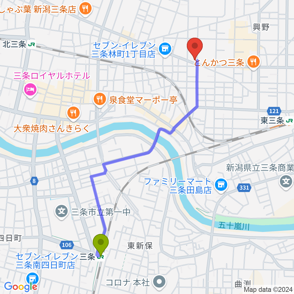 三条駅から三条ロケット・ピンクへのルートマップ地図