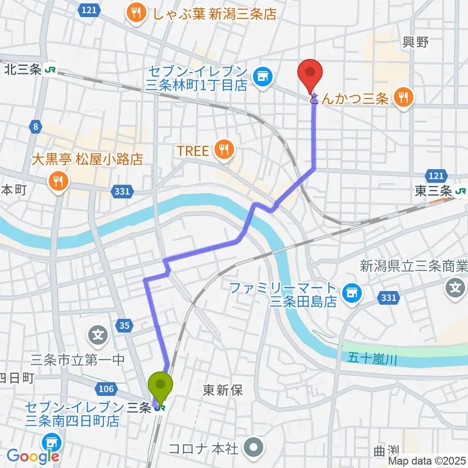 三条駅から三条ロケット・ピンクへのルートマップ地図