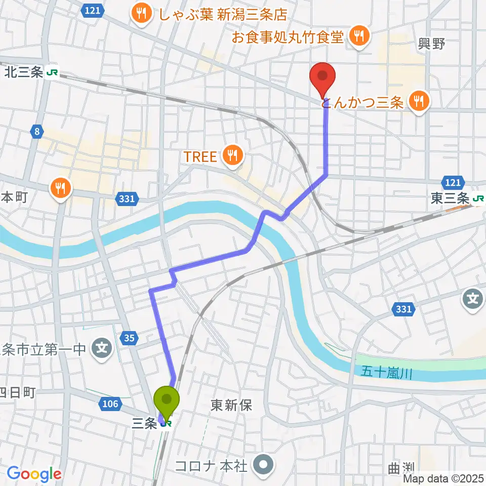 三条駅からロケット・ピンクへのルートマップ地図