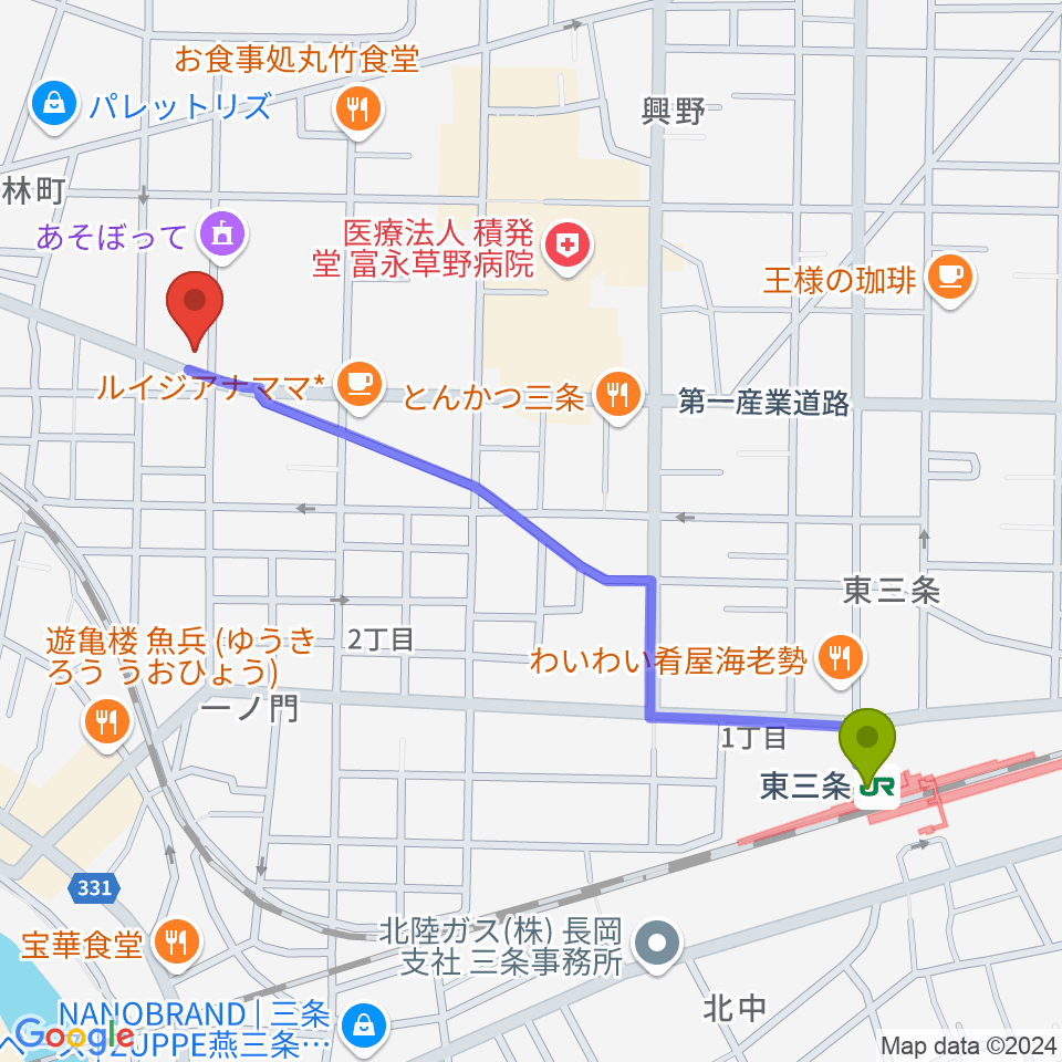 三条ロケット・ピンクの最寄駅東三条駅からの徒歩ルート（約11分）地図