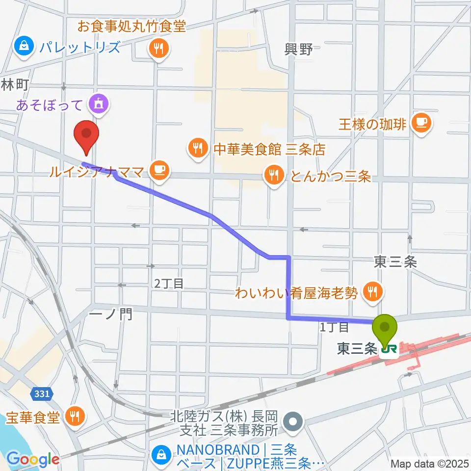 三条ロケット・ピンクの最寄駅東三条駅からの徒歩ルート（約11分）地図