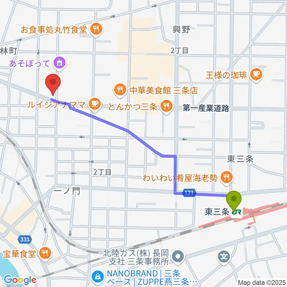 ロケット・ピンクの最寄駅東三条駅からの徒歩ルート（約11分）地図