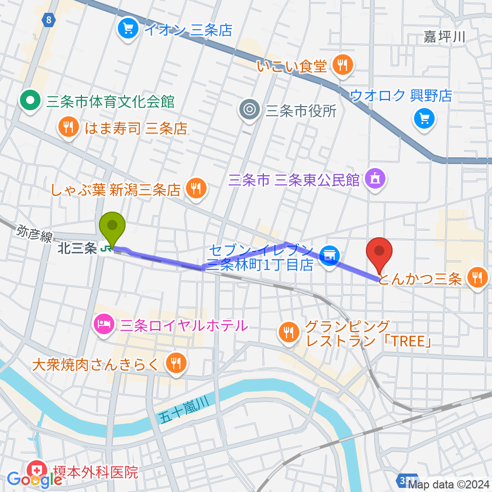 北三条駅から三条ロケット・ピンクへのルートマップ地図