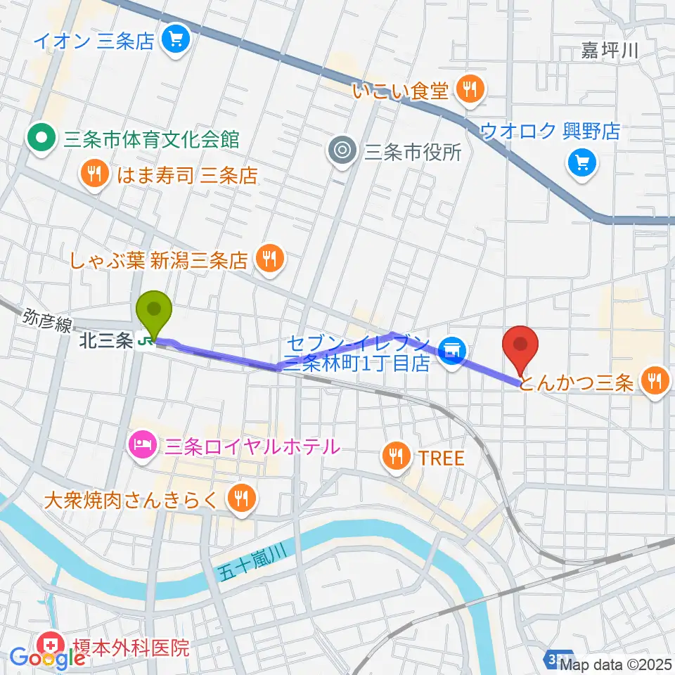 北三条駅から三条ロケット・ピンクへのルートマップ地図