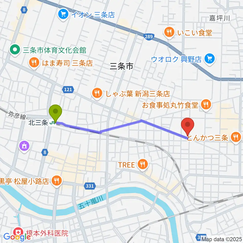 北三条駅からロケット・ピンクへのルートマップ地図