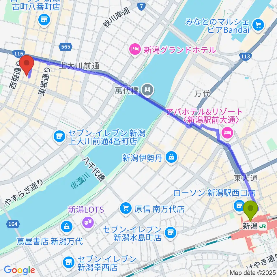 新潟駅から新潟WOODYへのルートマップ地図