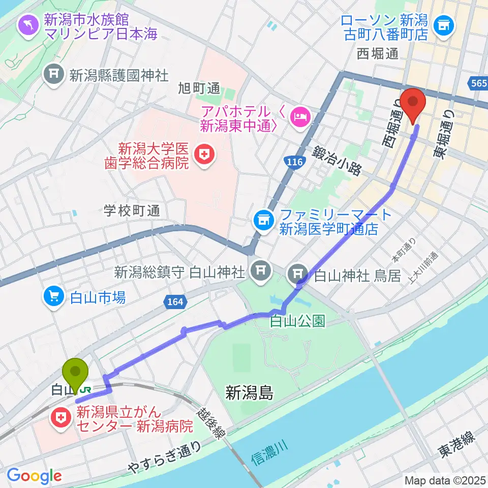 新潟WOODYの最寄駅白山駅からの徒歩ルート（約27分）地図