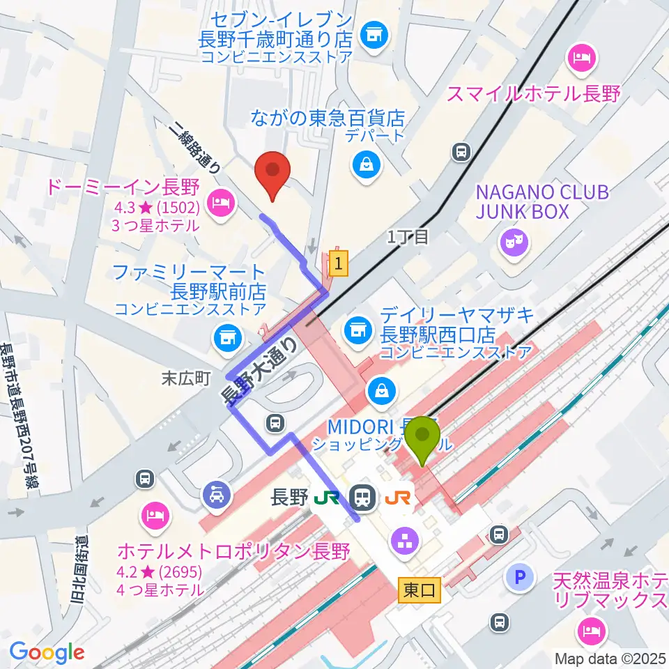 長野ライブハウスJの最寄駅長野駅からの徒歩ルート（約3分）地図