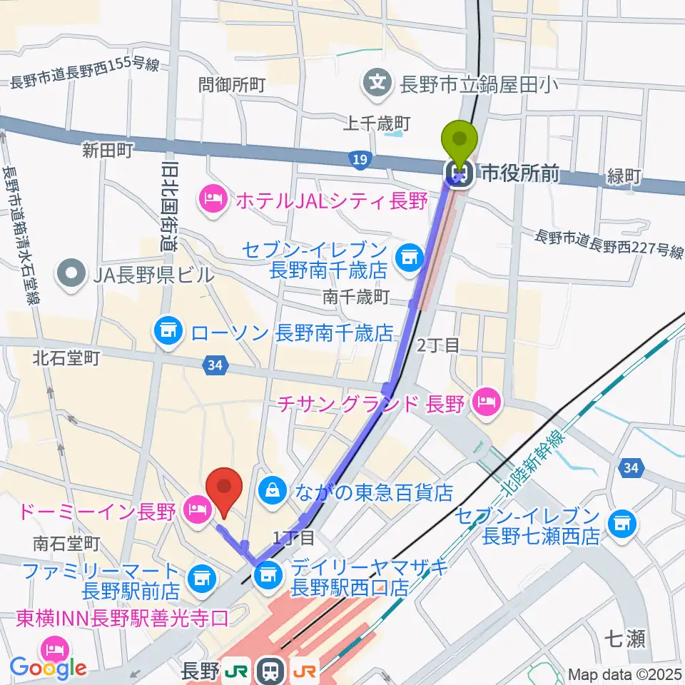 市役所前駅から長野ライブハウスJへのルートマップ地図