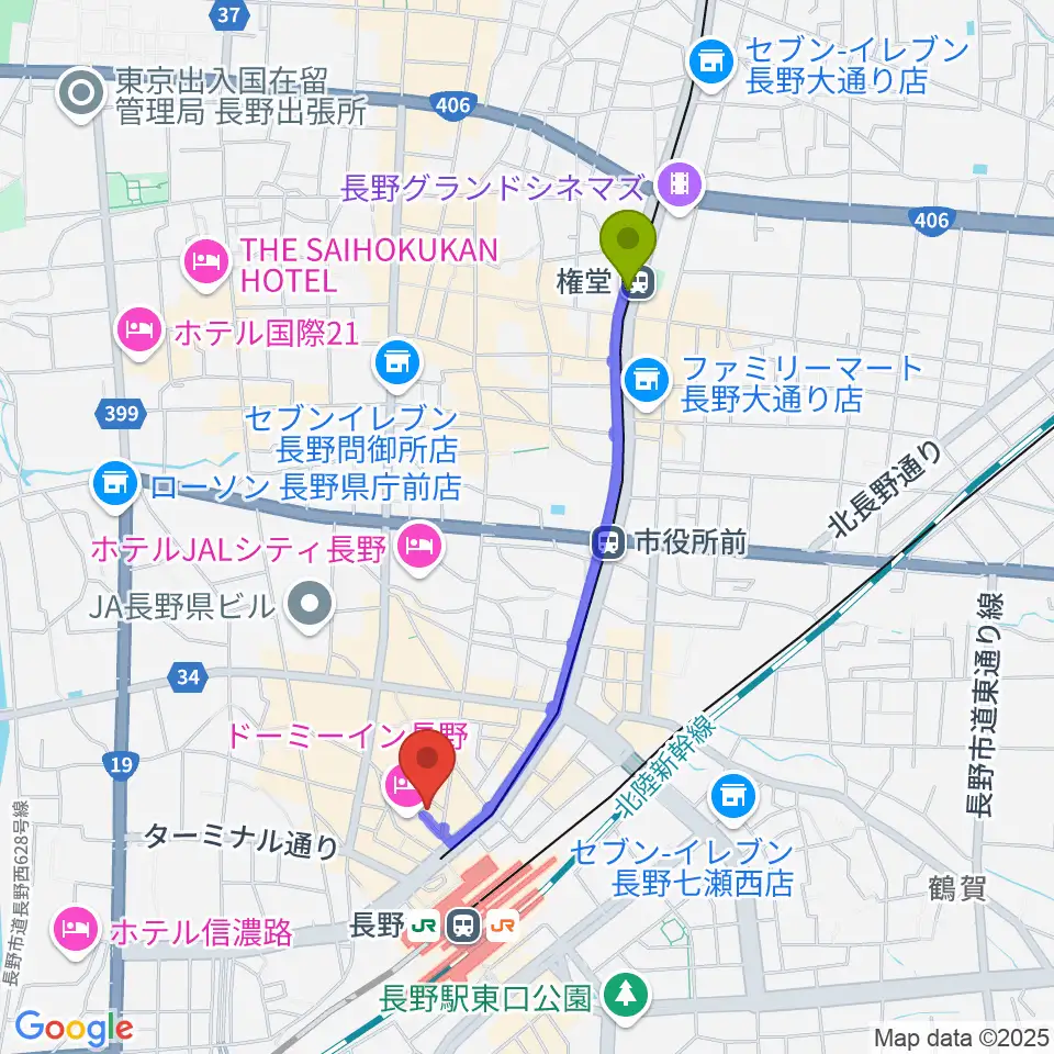 権堂駅から長野ライブハウスJへのルートマップ地図