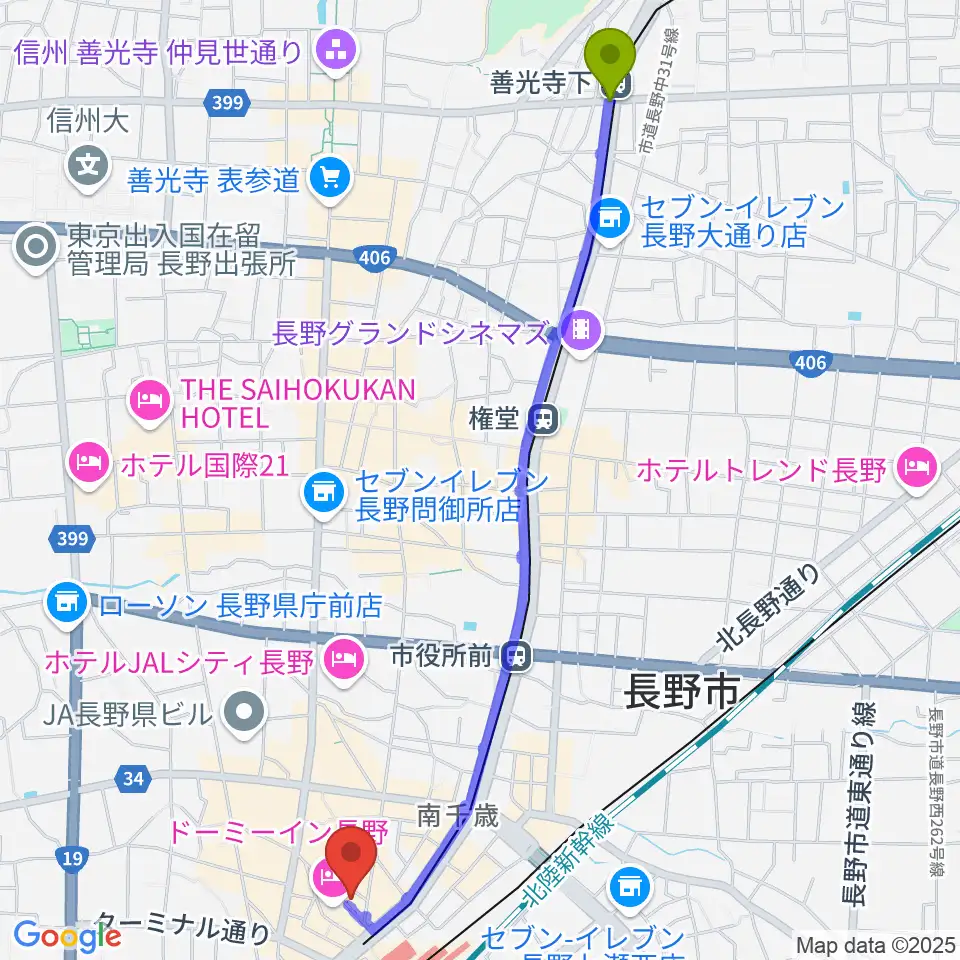 善光寺下駅から長野ライブハウスJへのルートマップ地図