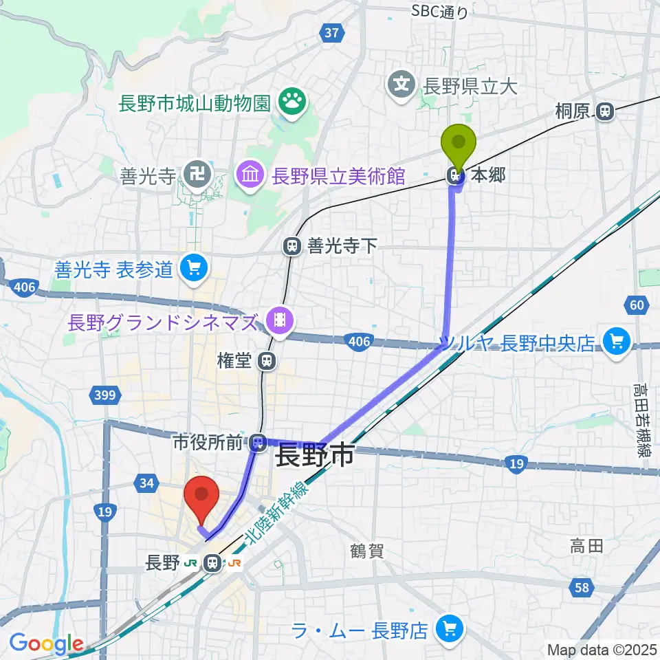本郷駅から長野ライブハウスJへのルートマップ地図