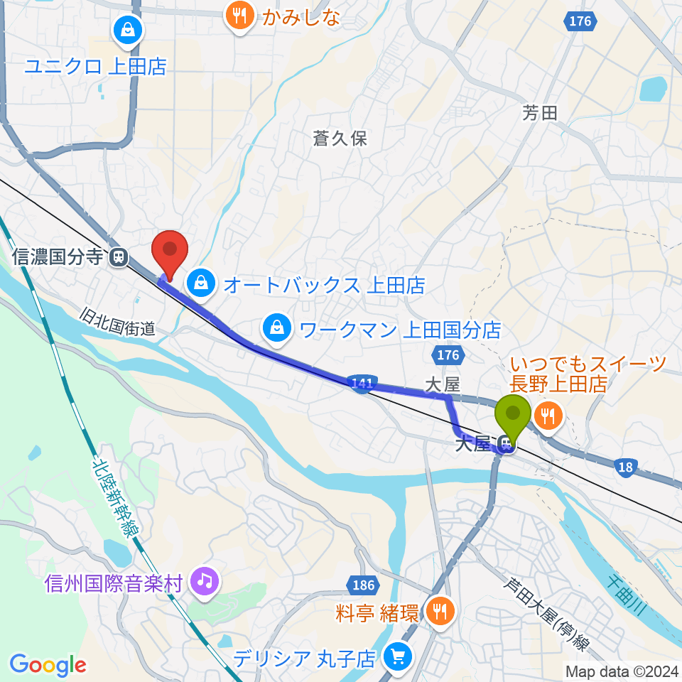 大屋駅から上田ブレイクへのルートマップ地図