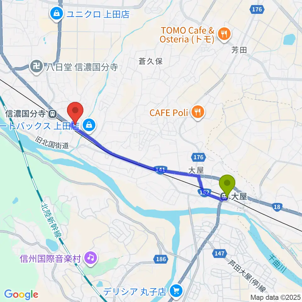 大屋駅から上田ブレイクへのルートマップ地図