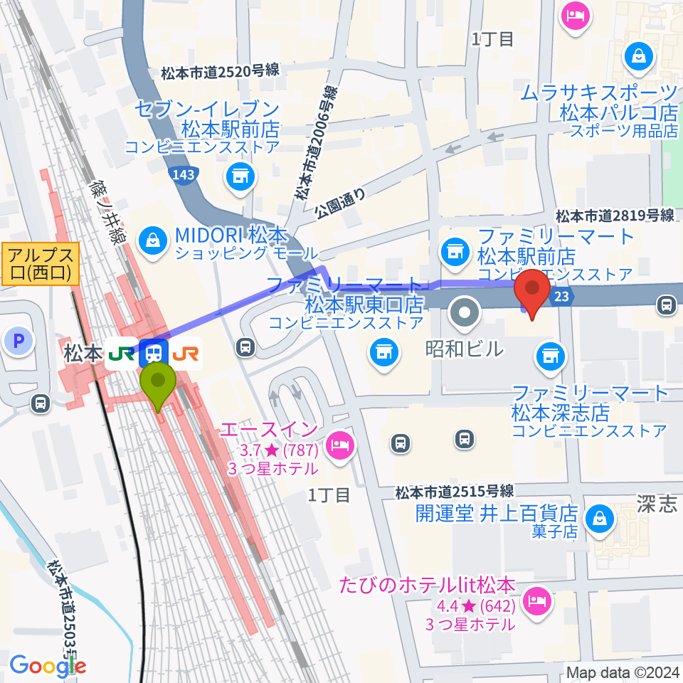 松本ALECXの最寄駅松本駅からの徒歩ルート（約4分）地図