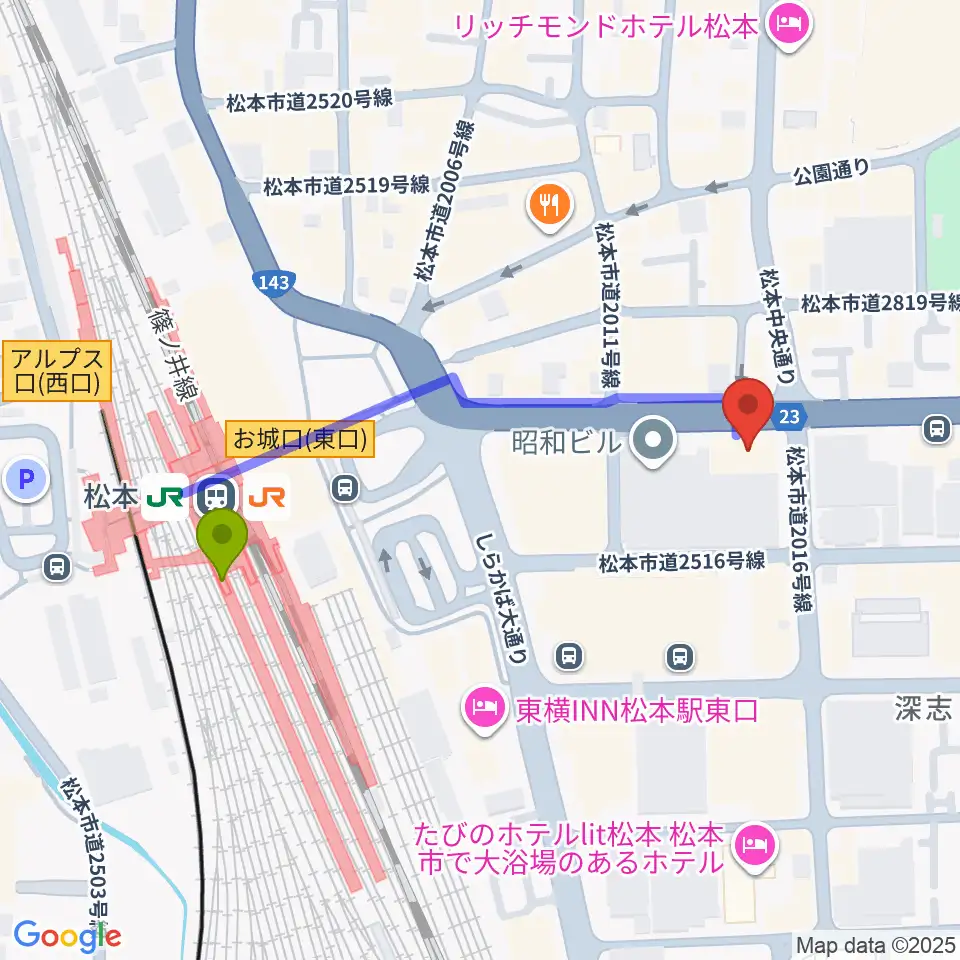 松本ALECXの最寄駅松本駅からの徒歩ルート（約4分）地図