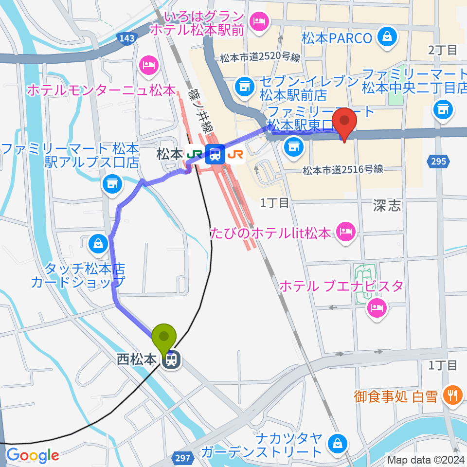 西松本駅から松本ALECXへのルートマップ地図