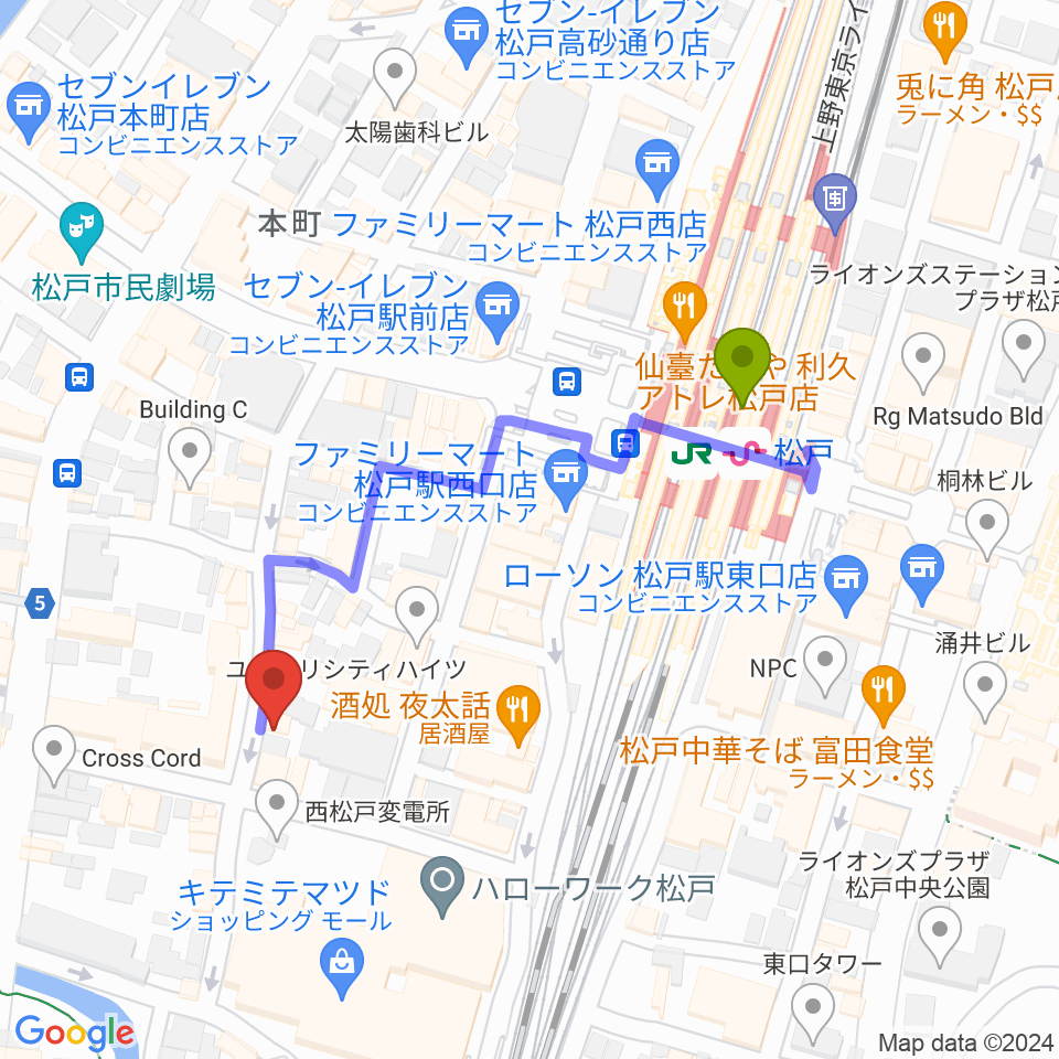 松戸コルコバードの最寄駅松戸駅からの徒歩ルート（約4分）地図