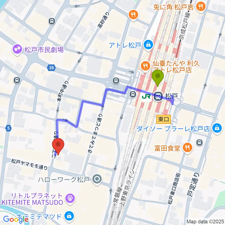 松戸コルコバードの最寄駅松戸駅からの徒歩ルート（約4分）地図