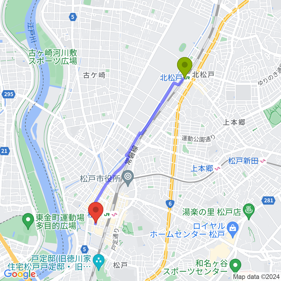 北松戸駅から松戸コルコバードへのルートマップ地図