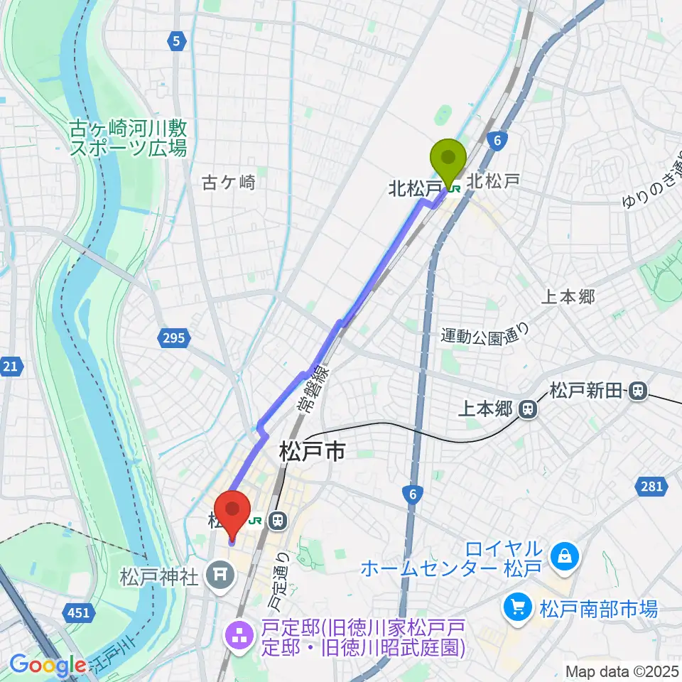 北松戸駅から松戸コルコバードへのルートマップ地図