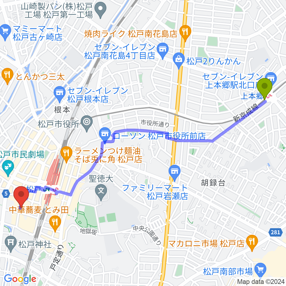上本郷駅から松戸コルコバードへのルートマップ地図