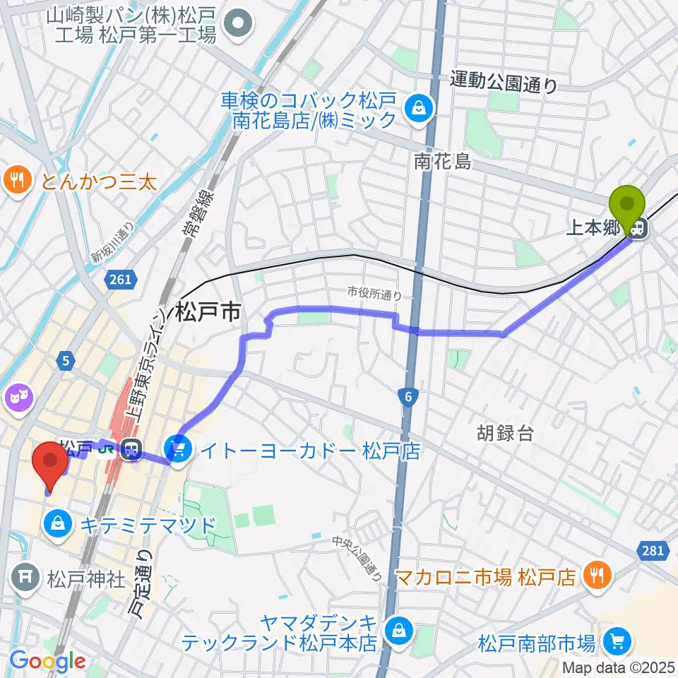 上本郷駅から松戸コルコバードへのルートマップ地図