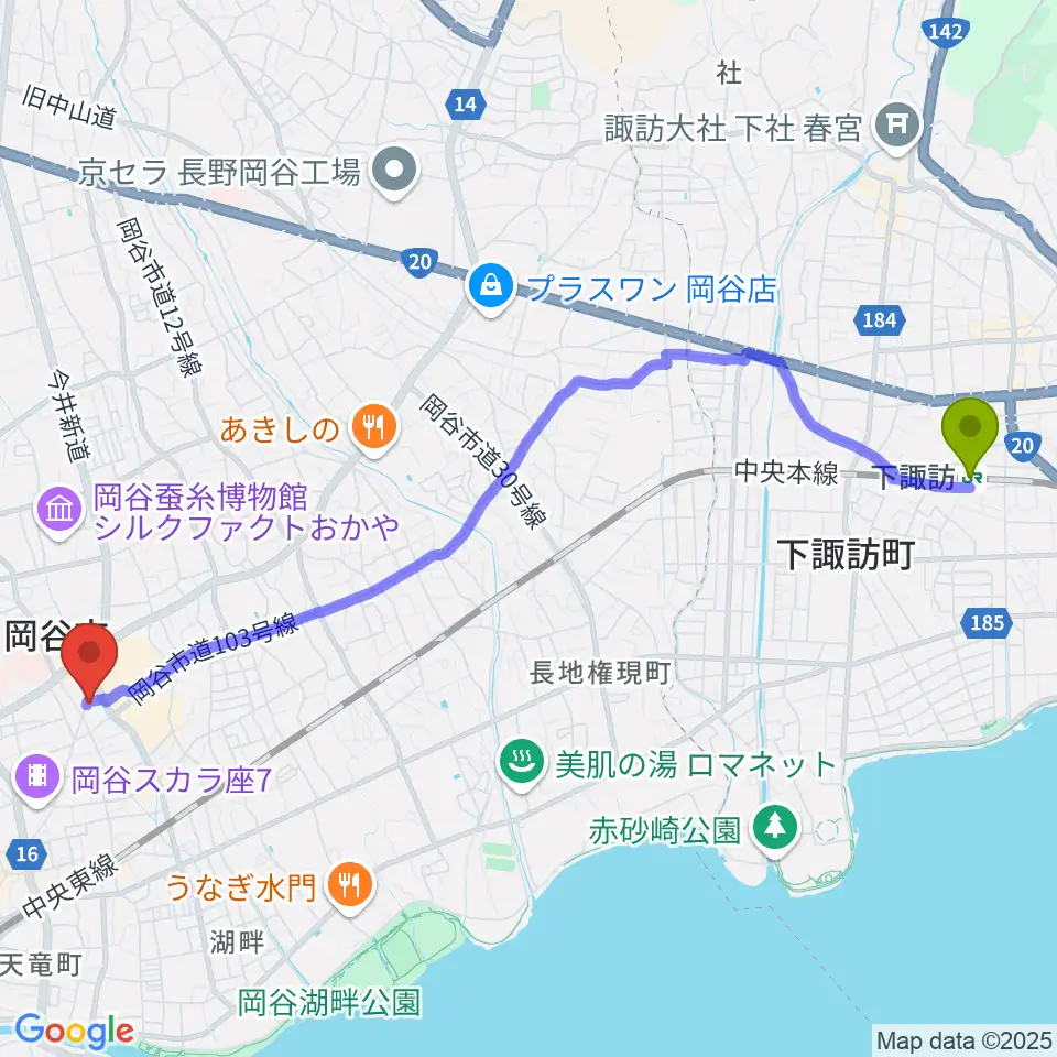 下諏訪駅から岡谷ファイブペニーズへのルートマップ地図