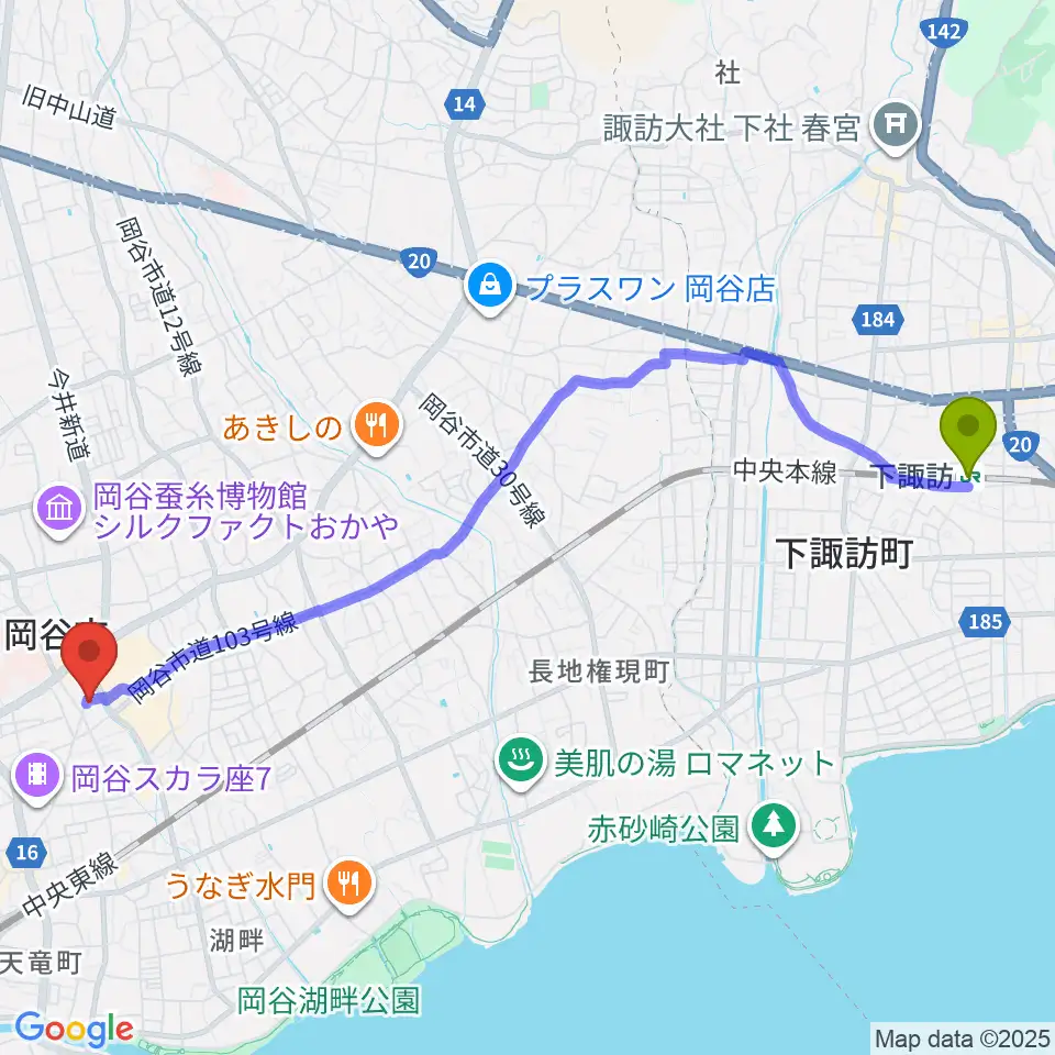 下諏訪駅から岡谷ファイブペニーズへのルートマップ地図