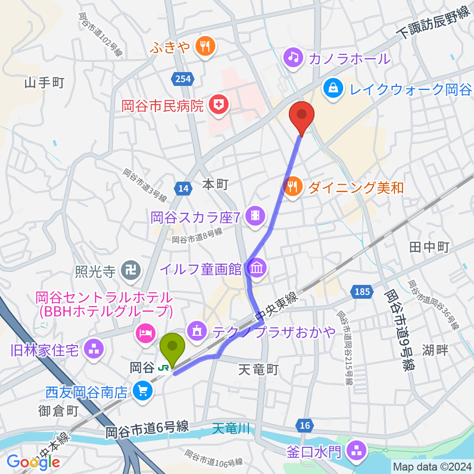 岡谷ファイブペニーズの最寄駅岡谷駅からの徒歩ルート（約17分）地図