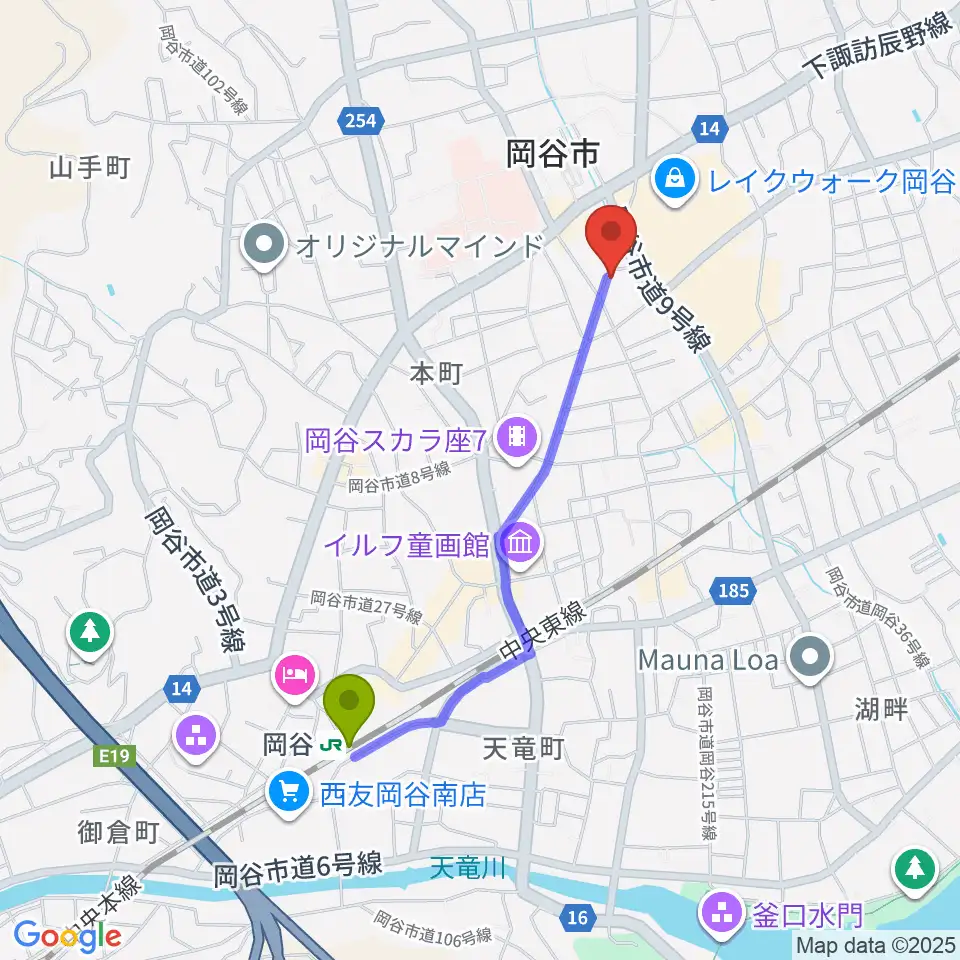 岡谷ファイブペニーズの最寄駅岡谷駅からの徒歩ルート（約17分）地図