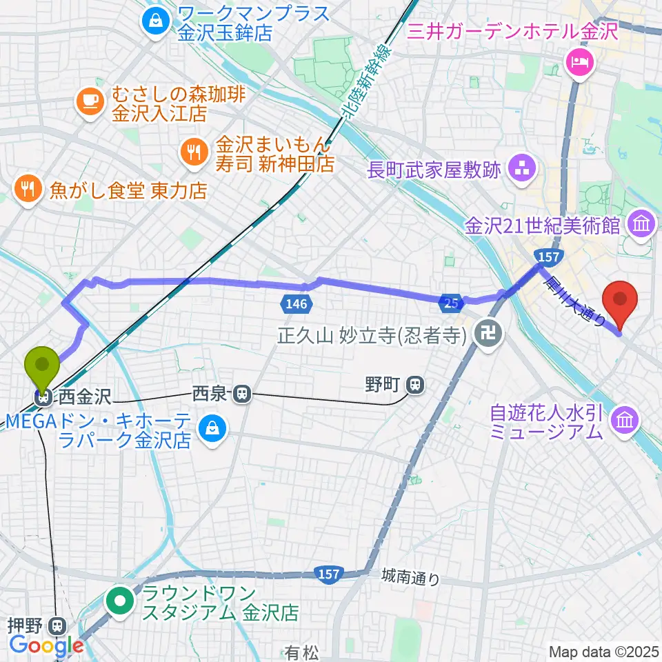 西金沢駅から金沢AZへのルートマップ地図