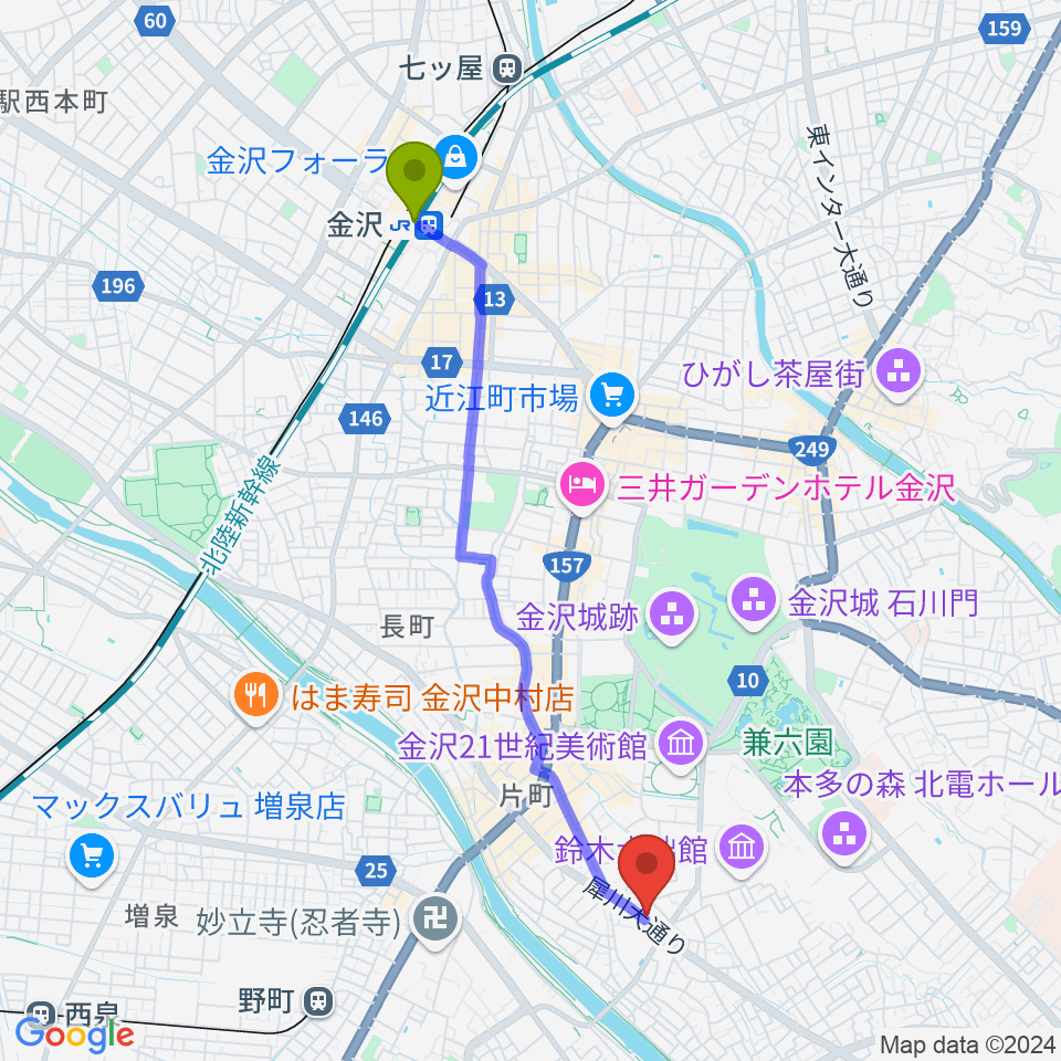 金沢駅から金沢AZへのルートマップ地図