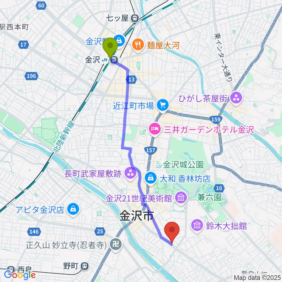 金沢駅から金沢AZへのルートマップ地図