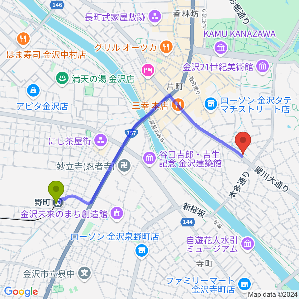 金沢AZの最寄駅野町駅からの徒歩ルート（約20分）地図