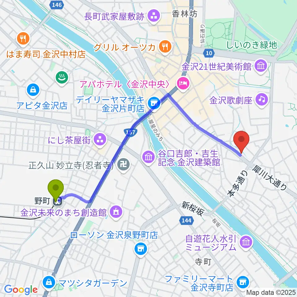 金沢AZの最寄駅野町駅からの徒歩ルート（約20分）地図