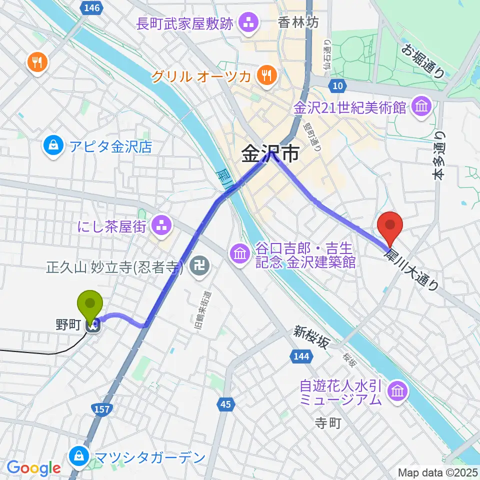 金沢AZの最寄駅野町駅からの徒歩ルート（約20分）地図