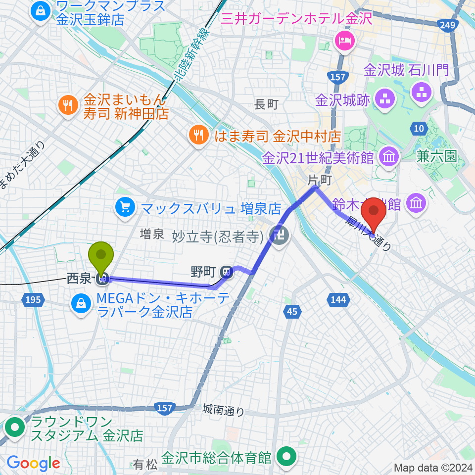 西泉駅から金沢AZへのルートマップ地図