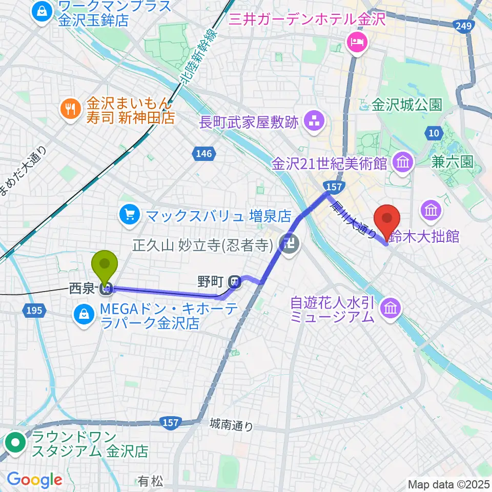 西泉駅から金沢AZへのルートマップ地図